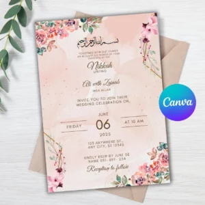 Editable Islamic Nikkah Invitation Template, Luxury Floral Nikkah Invitation