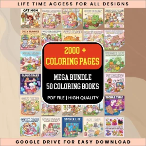 2000+ Pages Mega Bundle, 50 Digital Coloring Books, Bold and Easy Designs,